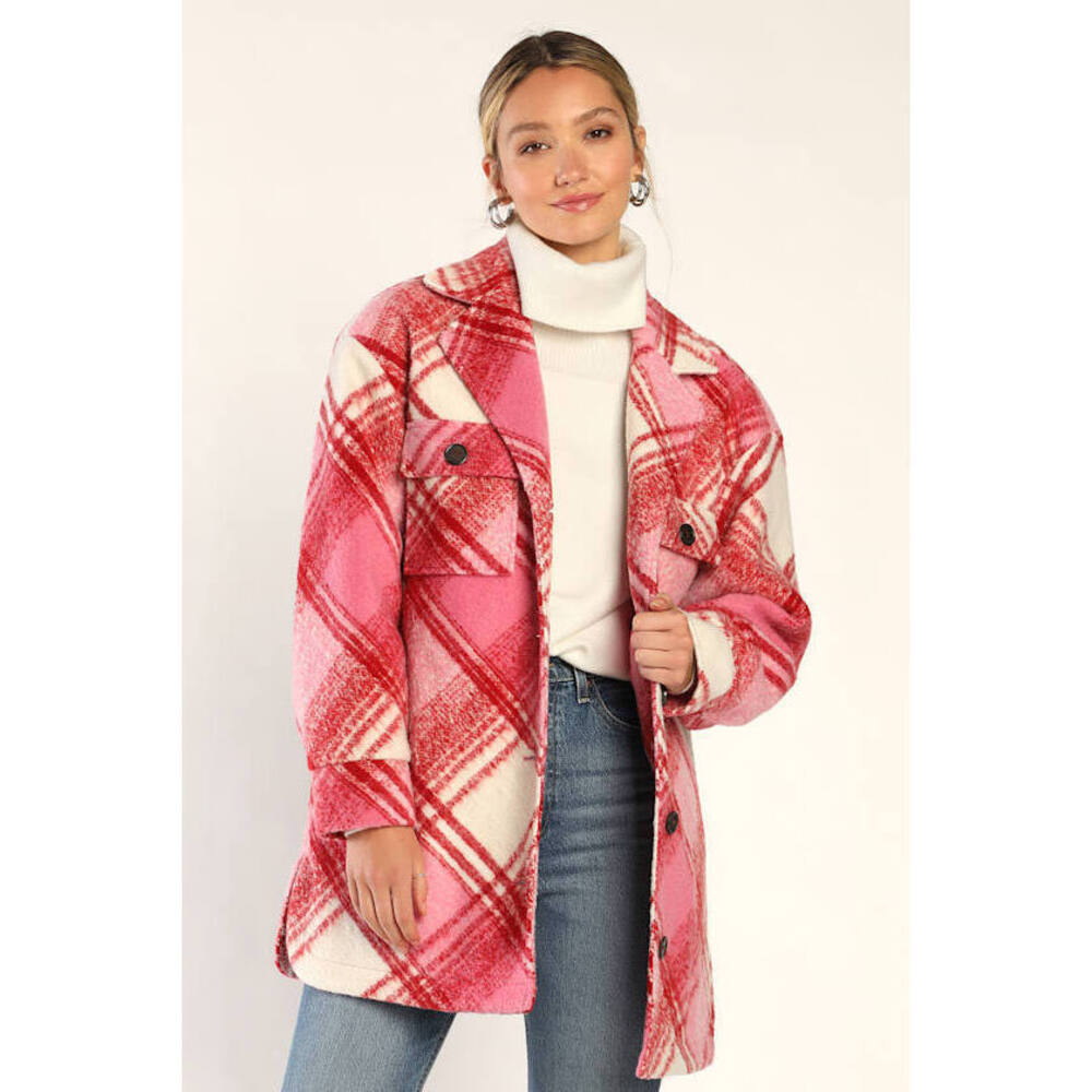 Lulus Cute Overload Pink And Red Plaid Coat - Size S